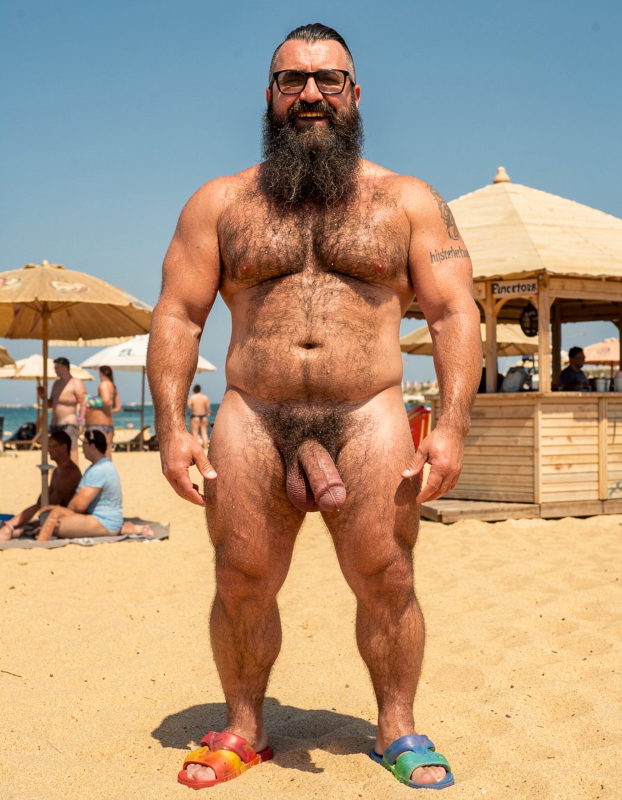Photorealistic portrait of Hipsterbarba, exactly matching the reference photo. 40 year old Spanish muscle bear, 180cm tall, 80kg, 8% body fat, completely dry and shredded six-pack with deep cuts, visible linea alba and dark treasure trail from navel to dense black pubes. No belly whatsoever. Rounded developed pectorals covered in dense dark masculine chest hair, small dark erect nipples. Broad rounded shoulders, vascular muscular arms with the small black tattoo 