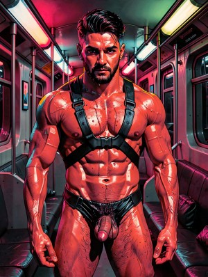 An extremely muscular and sweaty man occupies the center of a subway car lit with red, pink, and green neon lights, staring straight ahead with an intense and defiant expression. He wears a black leather harness crossed over his chest, highlighting his pectorals, defined abs, and very defined arms, as well as a shiny black jockstrap that leaves visible the bulge of his penis and part of his body hair. The aesthetic is hypermasculine, provocative, and in a realistic comic style, with shiny reddish skin, dramatic shadows, and a nocturnal urban atmosphere. On the sides appear seats, metal poles, dark windows, and details of the train interior, reinforcing an erotic fantasy scene on public transportation.