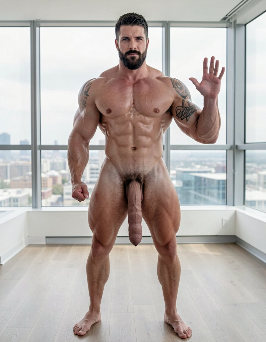 Photorealistic portrait full body shot indoor modern minimalist apartment background white walls large windows daylight natural lighting, extremely handsome masculine dominant man late 30s early 40s rugged alpha male appearance standing center frame confident powerful stance legs apart facing camera direct eye contact intimidating authoritative gaze, extremely muscular athletic professional bodybuilder physique massive shoulders wide back extreme V-taper narrow waist thick powerful legs eight-pack abs visible completely naked fully nude entire body visible head to feet, short dark hair perfectly styled masculine haircut thick dark stubble beard covering strong angular jaw chiseled masculine facial features piercing intense dark eyes looking directly at camera dominant expression slight arrogant smirk confident attitude, completely naked totally nude muscular body fully exposed massive defined pecs abs obliques Adonis belt visible muscular arms biceps triceps forearms thick muscular thighs quads hamstrings calves feet visible standing barefoot hardwood floor, huge thick long erect cock massive erection pointing upward enormous penis fully erect large thick shaft prominent glans meatus visible heavy hanging balls testicles visible between thick muscular thighs, small black ink tattoo right upper arm bicep brachial region curved text following anatomical muscle contour letters reading 