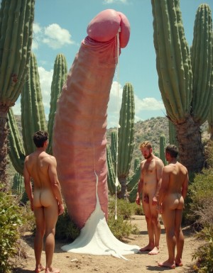 Enorme cactus de color carne de tres metros de altura (((con forma de pene y gran glande rosa))). Ppor el glande ibera una sustancia viscosa blanca que resbala hacia abajo,  tres hombres exploradores desnudos se alimentan con ansia desmedida,  la comen con avidez, ya que llevan días hambrientos y esta sustancias les aporta proteínas y líquido. 