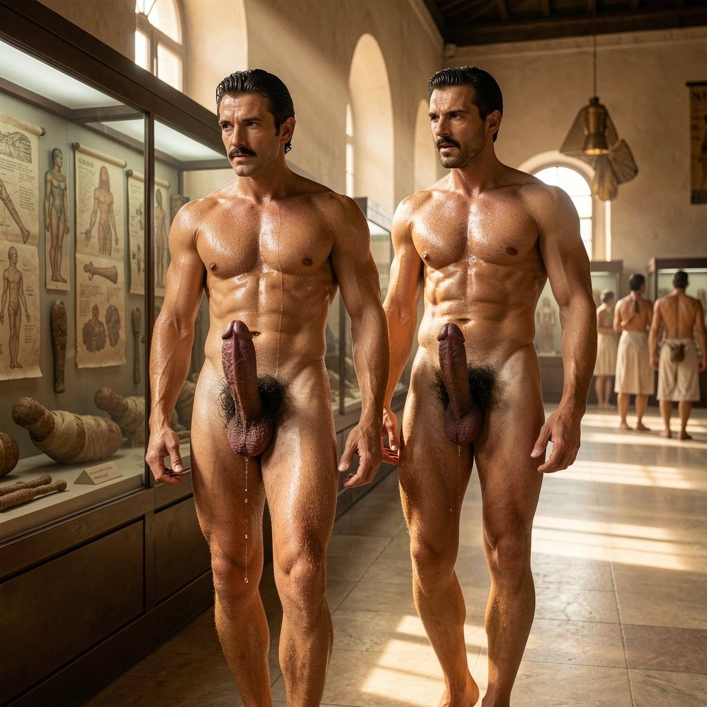 Dos hombres desnudos, musculosos y con bigote caminan por una sala de museo iluminada por luz cálida, con el cuerpo brillante como si estuviera sudado o aceitado. Sus torsos marcados, abdominales definidos, vello púbico y penes expuestos destacan de forma frontal mientras avanzan junto a vitrinas con láminas anatómicas, esculturas y piezas antiguas. El entorno tiene arquitectura clásica, arcos altos, suelo de piedra y grandes ventanales que proyectan sombras alargadas. Al fondo aparecen otras figuras con toallas, reforzando una atmósfera de galería histórica, estudio corporal y exhibición anatómica.