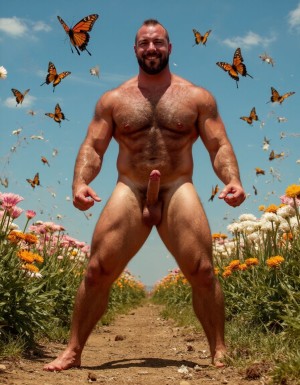 hombre culturista de 35 años posando desnudo de cuerpo completo, sonriente, tensa los bíceps, tiene un pene de 40 cm de longitud y 7 cm de diámetro, grandes dorsales, piernas, cintura estrecha, un poco calvo, grandes pezones rosas. Tiene un pene de 40 cm de longitud y 7 cm de diámetro. Tiene mucho vello en pecho y brazos y piernas. Tiene testículos de 10 cm de diámetro que están colgando. Tiene pies con sus uñas pintadas de color rojo. Fondo de muchas margaritas de todos los colores y miles de mariposas volando. Está con las piernas abiertas. Por su pene erecto.