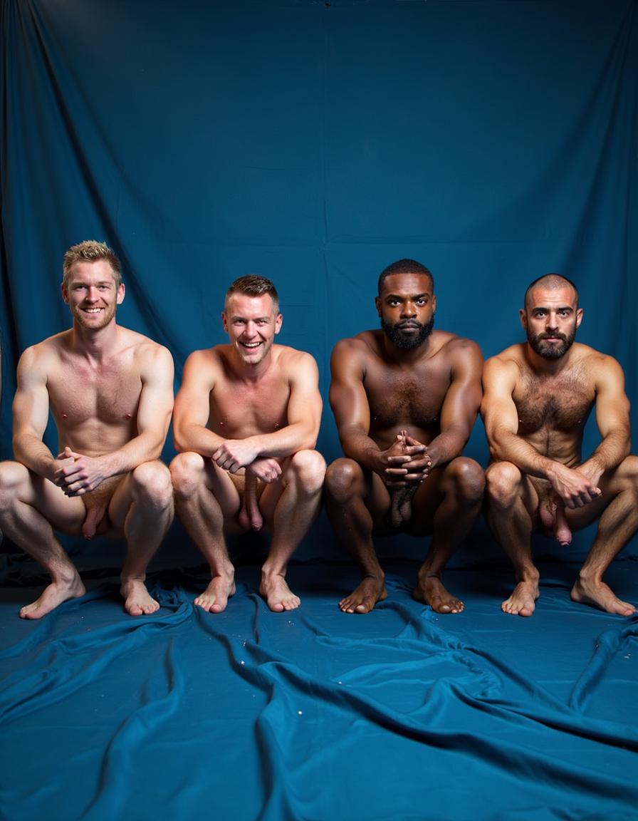 Cuatro hombres desnudos posan en cuclillas sobre una tela azul arrugada, delante de un fondo de estudio del mismo color, con iluminación frontal que resalta sus cuerpos y expresiones. Todos miran hacia la cámara: el primero, rubio y sonriente, apoya las manos cerca de las rodillas; el segundo, de pelo corto y sonrisa amplia, mantiene una postura relajada con el pene visible entre las piernas; el tercero, negro, de expresión seria y manos entrelazadas, adopta una pose firme y centrada; el cuarto, calvo y con barba, muestra abundante vello en el pecho y una mirada intensa. La escena tiene un tono directo de retrato grupal masculino, desnudez frontal y composición simétrica en estudio.