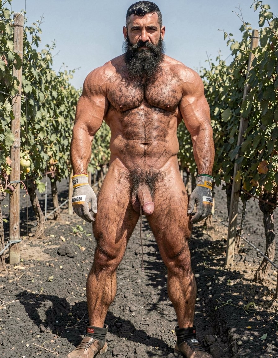 A hyper-realistic full-body vertical photograph taken in harsh midday Santorini sunlight over black volcanic soil between rows of Assyrtiko vines. Dimitris, 32, stands completely naked except for grey work gloves with yellow and white stripes, feet planted wide apart on the dark earth, toes gripping the soil. Shot from a low frontal angle so every inch from his big dirty feet to the top of his head is visible without cropping. His body is at 5% body fat, extremely muscular competition physique: huge veiny traps and shoulders, massive hairy pecs, eight-pack abs partially covered by dense black curly body hair that runs from his neck all the way down to his toes. Extremely thick black pubic bush, massive thick veiny Greek cock rock-hard and pointing upward almost touching his abs, swollen purple glans shiny with precum, a long clear drop hanging from the slit. Heavy low-hanging hairy balls. Thick black hair covers his powerful thighs, calves and feet. His face is pure predator: long thick connected black beard and mustache, short jet-black hair with shaved sides, dark intense eyes looking straight at the viewer, small silver earring in left ear. Skin deeply tanned and covered in sweat that makes the dense body hair glisten. Every muscle, every strand of wet black hair, every vein is razor sharp under the direct Mediterranean sun. Maximum photorealistic detail, vertical composition showing the entire body head to toe with no cropping.