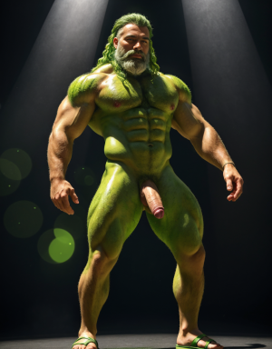 Hombre de color verde desnudo musculoso, tiene pene verde, tiene testículos verdes. Tiene mucho vello. Tiene pelo verde. Tiene barba verde. Tiene sandalias verdes. Tiene pezones muy grandes y puntiagudos y salen chorros de leche liquido blanco de los pezones.