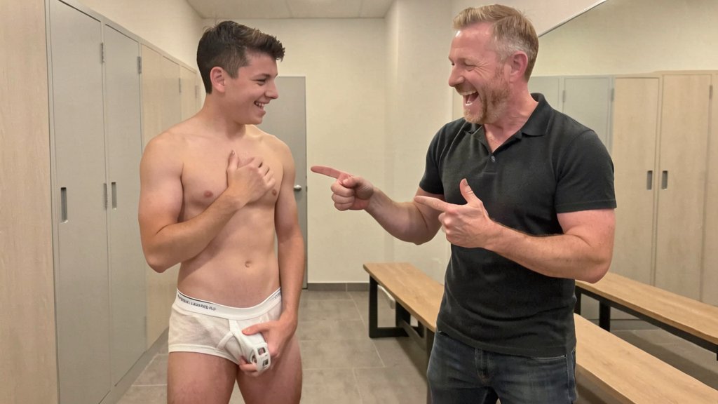 Un joven atlético de unos 20 años, con cabello corto y oscuro, y ojos expresivos, se encuentra en el vestuario de un gimnasio moderno, rodeado de taquillas y bancos de madera. Lleva puestos solo unos calzoncillos blancos de algodón, que dejan al descubierto su torso musculoso y su piel bronceada. Sin embargo, bajo la delgada tela de los calzoncillos, se pueden apreciar las líneas definidas de un (((cinturón de castidad))), que se extiende desde su cintura hasta sus ingles, creando un contraste intrigante entre la libertad del entorno deportivo y la restricción del dispositivo.

En el momento capturado por la imagen, un compañero de gimnasio, un hombre más maduro con una barba incipiente y una sonrisa burlona, se acerca al joven y se da cuenta del cinturón de castidad. Su rostro se ilumina con una mezcla de sorpresa y diversión, y estalla en una carcajada, apuntando con su dedo índice hacia el dispositivo, como si no pudiera creer lo que está viendo. El joven, consciente de la atención que está recibiendo, se muestra incómodo, con una mezcla de vergüenza y defensa, mientras intenta cubrirse con sus manos, como si tratara de esconder el cinturón de castidad, pero sin poder evitar que su compañero siga riendo a carcajadas.

La imagen es hiperrealista, con detalles precisos y una iluminación que resalta los contrastes entre la piel bronceada del joven, el blanco de los calzoncillos y el metal del cinturón de castidad. La escena está llena de tensión y humor, capturando el momento exacto en que la privacidad del joven es invadida por la curiosidad y la burla de su compañero. La jaula de castidad no es visible, pero se intuye debajo de los calzoncillos 
