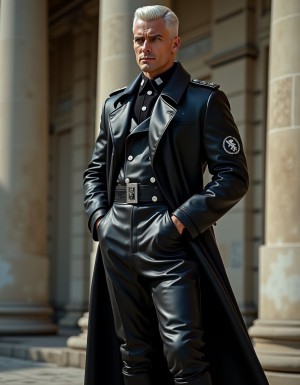 Hombre alemán de 30 años extremadamente guapo y musculoso, Alexander von Kronenberg, pelo rubio platino corto peinado hacia atrás perfectamente, ojos azul hielo penetrantes, mandíbula cuadrada marcada, expresión dominante y fría, cuerpo musculado definido visible bajo el uniforme. Viste uniforme completo de oficial SS de cuero negro auténtico: chaqueta de cuero negro ajustada con insignias plateadas en cuello y hombros, cinturón de cuero negro con hebilla de plata, pantalones de cuero negro entallados metidos dentro de botas altas de equitación de cuero negro brillante hasta las rodillas con hebillas laterales, abrigo largo de cuero negro (trench coat estilo Gestapo) hasta los tobillos abierto dejando ver el uniforme. Foto tomada desde el suelo mirando hacia arriba (ángulo contrapicado desde los pies), Alexander de pie en posición dominante con las piernas ligeramente separadas, manos en los bolsillos del abrigo, botas brillantes en primer plano, iluminación dramática con sombras duras estilo cine noir, fondo arquitectura neoclásica alemana bávara, expresión de poder absoluto y sadismo refinado, fotorrealista, calidad cinematográfica 8K.