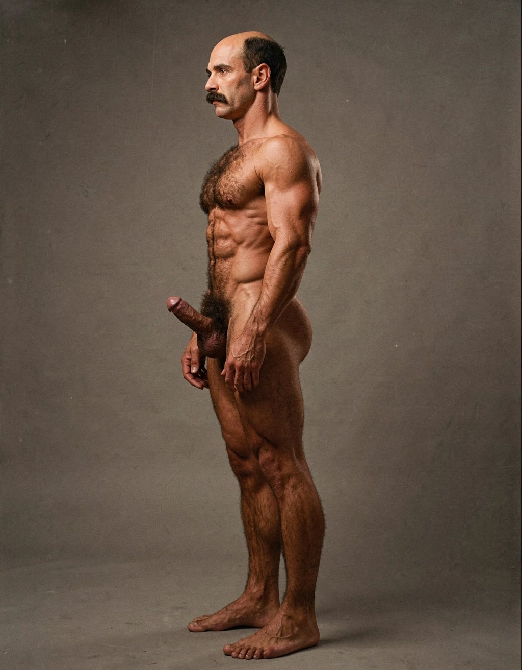 Mike Morris, a 32-year-old extremely lean Caucasian male with only 8% body fat, stands completely naked in a rigid military attention pose captured in a full-body exact side profile at 90 degrees from his right side. The shot runs uninterrupted from the tips of his size 44 slightly hairy feet all the way up to the top of his bald head, showing his entire body without any cropping whatsoever. His physique is dry, highly vascular and powerfully defined: massive square pectorals seen in perfect side silhouette, dense dark brown chest hair forming a thick T-pattern that continues across his shoulders and back, sharply carved six-pack abs in clear profile, narrow waist, wide flaring lats, powerful thighs and diamond-shaped calves covered in the same dark hair. Dramatic directional studio lighting falls from high and slightly in front of him, creating strong rim lighting that traces every sharp edge of his muscular outline, accentuating the texture of his dense dark body hair on chest, shoulders, lower back, ass and legs, while producing deep shadows that highlight every muscle separation, vein and the extreme dryness of his 8% body fat. His advanced Norwood III-IV bald scalp is clearly visible under the light, with very short dense dark brown hair only on the sides and back of his head. His square, angular face is shown in pure right profile: strong jawline, prominent chin with slight central dimple, thick well-groomed dark handlebar mustache, heavy brow and intense deep-set brown eye staring straight forward with a serious, commanding expression. His penis is fully and clearly visible in perfect side view, completely natural and anatomically correct: thick, 24 cm long when fully erect, with a natural slight upward curve, prominent dorsal veins running along the shaft, long foreskin that partially covers the pink-red glans, and noticeably lighter skin tone than the rest of his bronzed body. Below it hang his large, low-hanging testicles with wrinkled darker skin and an extremely dense, curly dark brown pubic bush that climbs almost to his navel and surrounds the base of his cock and balls generously. Every detail from his veined hands and forearms to his muscular ass, hamstrings, diamond calves and hairy toes is perfectly proportioned and free of any deformation. Photorealistic, high-contrast, masculine 1970s Colt Studio aesthetic with subtle grainy film texture.