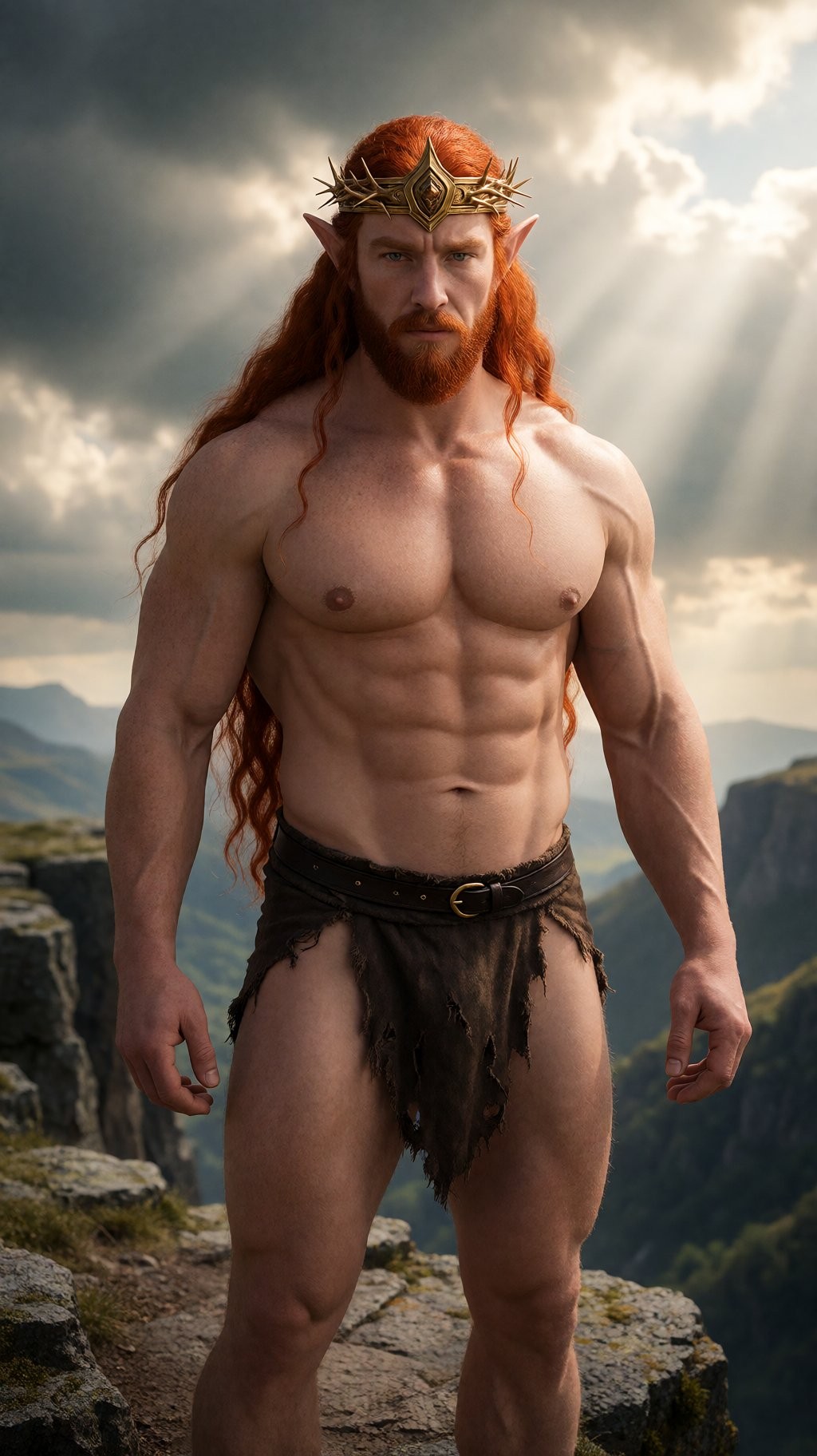 A tall muscular male elf facing the viewer, strong masculine face with short beard, long flowing red hair cascading to his waist, standing at the edge of a rocky cliff as a Viking king wearing a regal golden crown of thorns, expression of impending battle, bare chest with thick defined pectorals and abs fully displayed, tattered ripped tight loincloth clinging to powerful thighs with front flap absent, exposing large thick erect penis with realistic anatomically correct proportions and natural skin tones, dramatic cloudy sky with beams of sunlight piercing through, dynamic cinematic lighting, highly detailed textures, photorealistic rendering, sharp focus --ar 3:4 --stylize 250 --q 2