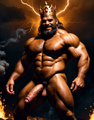Cneo Pompeyo Magno desnudo con pene grande y testículos grandes peludos. Dobla el brazo derecho para enseñar los bíceps del brazo derecho con gran orgullo. Tiene mucho vello por todo el cuerpo. Está bronceado. Tiene corona de oro. Tiene alas de diablo negras y rojas oscuro. Los brazos están hacia arriba implorando rayos y fuego. Tiene un chorro de fuego en el pene que sale a chorros rojos hacia arriba de su pene erecto tieso hacia arriba. Sus ojos son grandes y rojos. Está enseñando sus grandes testículos. Tiene testículos grandes y oscuros. Está alumbrado con mucha luz roja por todo el cuerpo. Es muy atractivo. Está rodeado de llamas y humo. Tienen cara de maldad y con barba. Se ven los pies. ¿Donde están sus pies? quiero ver los pies