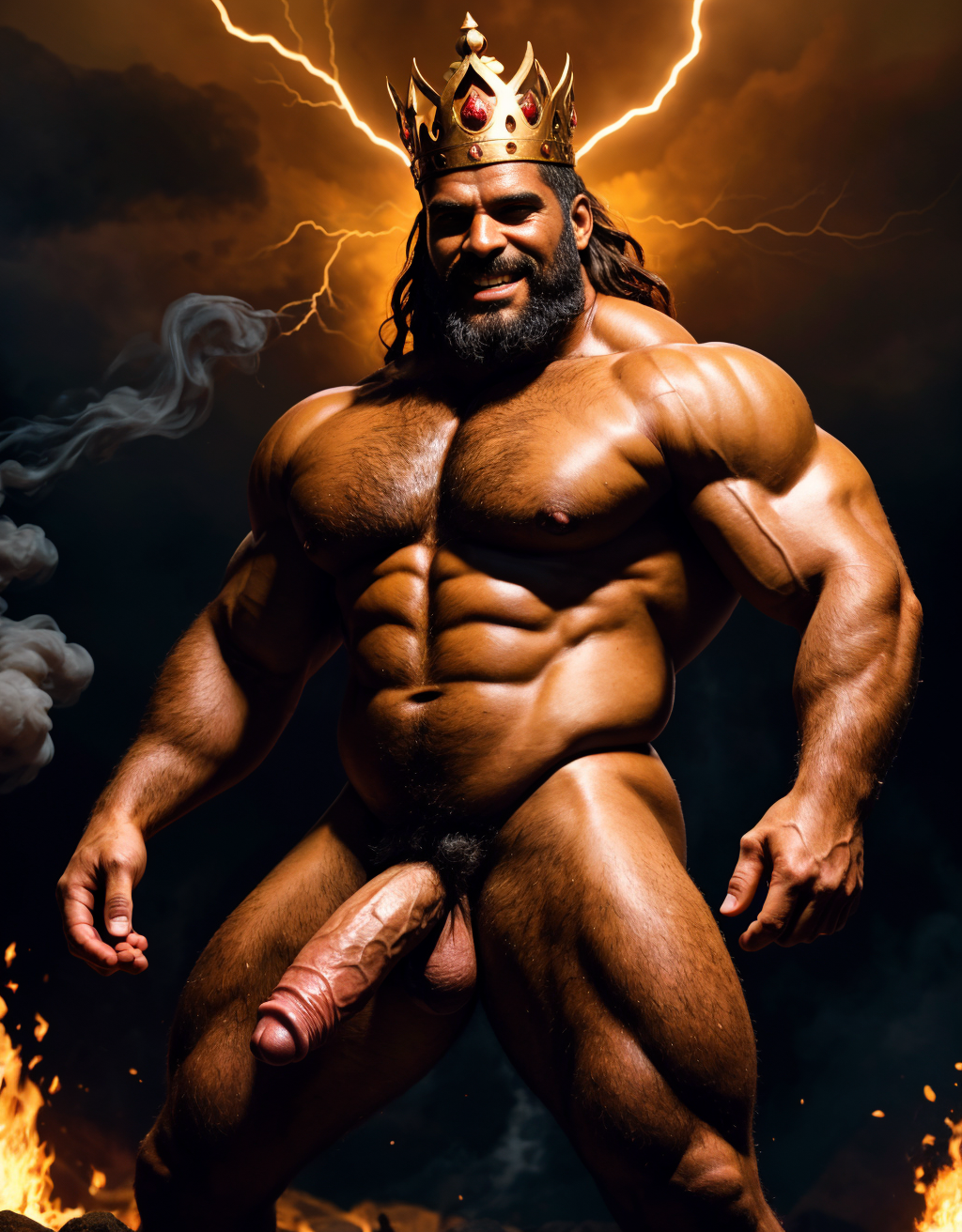 Cneo Pompeyo Magno desnudo con pene grande y testículos grandes peludos. Dobla el brazo derecho para enseñar los bíceps del brazo derecho con gran orgullo. Tiene mucho vello por todo el cuerpo. Está bronceado. Tiene corona de oro. Tiene alas de diablo negras y rojas oscuro. Los brazos están hacia arriba implorando rayos y fuego. Tiene un chorro de fuego en el pene que sale a chorros rojos hacia arriba de su pene erecto tieso hacia arriba. Sus ojos son grandes y rojos. Está enseñando sus grandes testículos. Tiene testículos grandes y oscuros. Está alumbrado con mucha luz roja por todo el cuerpo. Es muy atractivo. Está rodeado de llamas y humo. Tienen cara de maldad y con barba. Se ven los pies. ¿Donde están sus pies? quiero ver los pies