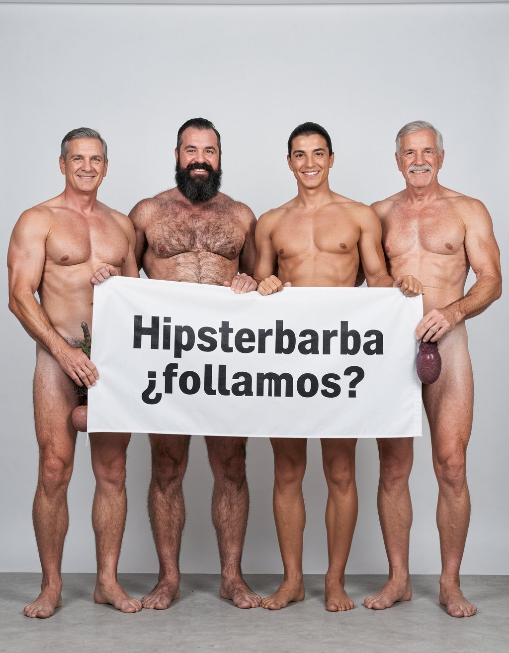 Cuatro hombres desnudos posan de pie en un estudio de fondo gris, sonriendo y sujetando una gran pancarta blanca que les cubre la zona genital. A la izquierda aparece un hombre de pelo canoso y cuerpo atlético; junto a él, un hombre corpulento con barba negra espesa, abundante vello en el pecho y aspecto hipster; a su lado, un hombre más joven, delgado y musculado; y a la derecha, un hombre mayor con bigote gris. La pancarta lleva en letras negras grandes el texto “Hipsterbarba ¿follamos?”, con tono provocador y sexual. Se ven sus torsos desnudos, piernas, pies descalzos y parte del pubis en una composición frontal, limpia y publicitaria.