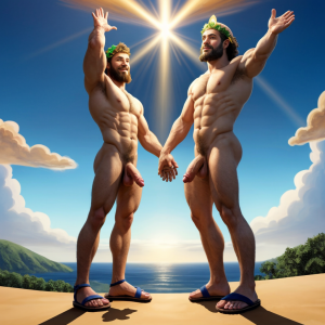 Dos hombres machos musculosos desnudos delgados muy viriles con pene grande y testículos grandes y peludos ⛓️ 🌞 🏞️. Tienen sandalias verdes. Tienen los penes erectos y grandes, testículos peludos, sandalias verdes, están en un entorno soleado, aros luminosos blancos y azulados en sus cabezas, rezan a Dios con mirada al cielo, iluminados por una gran luz divina. Saltan hacia arriba volando hasta el cielo despidiéndose de todos. Son extremadamente atractivos. Están volando entre nubes 