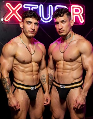 Dos hombres musculosos posan de pie frente a un fondo oscuro con un letrero de neón rojo, azul y rosa que forma la palabra “XSTUD”, creando una estética de club nocturno o sesión promocional erótica. Ambos están sin camiseta, con el torso definido, abdominales marcados, brazos fuertes, tatuajes visibles y cadenas doradas al cuello. Llevan suspensorios negros con cintura elástica negra, amarilla y blanca, dejando al descubierto gran parte de los muslos y resaltando el bulto cubierto en la zona del pene. Sus expresiones son serias y directas, con peinados cortos, pendientes y una iluminación intensa que acentúa la piel, la musculatura y el ambiente sensual de la escena.