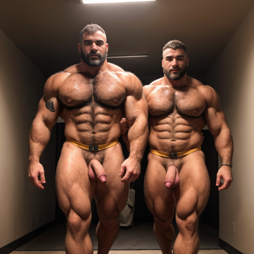 Dos hombres machos musculosos desnudos muy viriles con pene grande y testículos grandes y peludos. Caminando 10