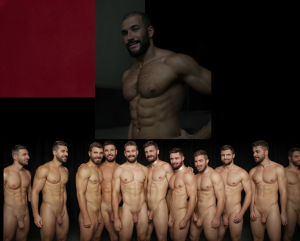Chicos desnudos bailando en una fiesta fetichista. Tras ellos se proyecta en una gran pantalla una película erótica en la que figura musculado en un solo