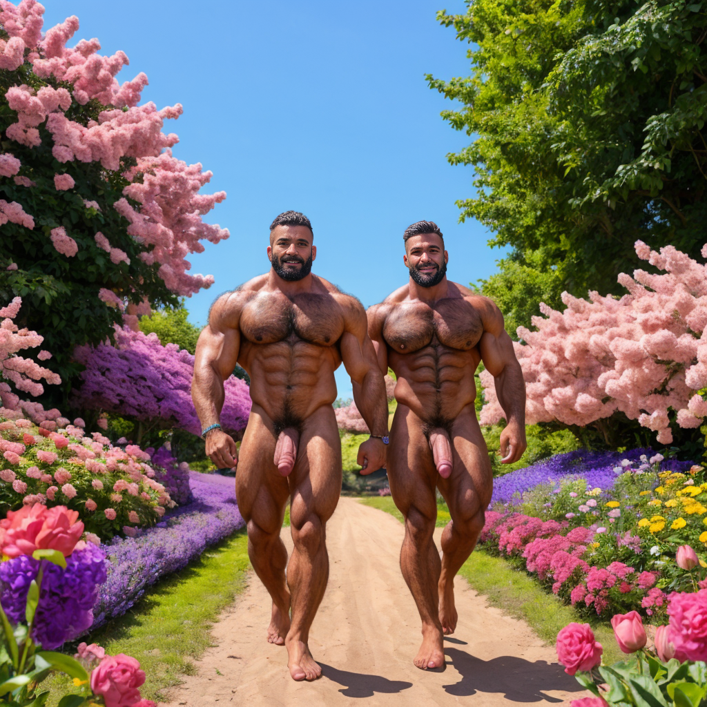 Dos hombres machos musculosos desnudos muy viriles con pene grande y testículos grandes y peludos. Caminando 10🌞💐