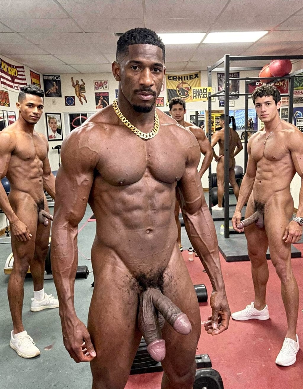 macho negro musculoso en un gimnasio bien dotado