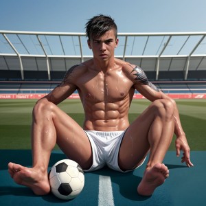 Young, muscular soccer player sitting on the grass of a stadium, with his legs open toward the camera and a soccer ball next to his left foot, conveying an intense and defiant pose. He wears white shorts, is barefoot, and has a bare torso, shiny with sweat, with very defined abs, toned arms, and visible tattoos on his shoulders. His dark hair appears messy and damp, while his serious expression looks directly ahead. In the background, the stands, the metal structure of the stadium, and the green field are visible under clear outdoor light, creating a sporty, athletic, and competitive aesthetic.