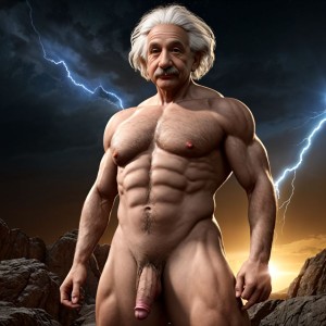 Albert Einstein, científico alemán. Está totalmente desnudo musculoso con pene grande y testículos grandes. Tiene mucho vello en el pecho brazos y piernas. Musculoso. Foto muy realista texturas 8k. Rodeado de electricidad rayos y de estrellas y sol reluciente que ilumina la cara y todo el cuerpo.