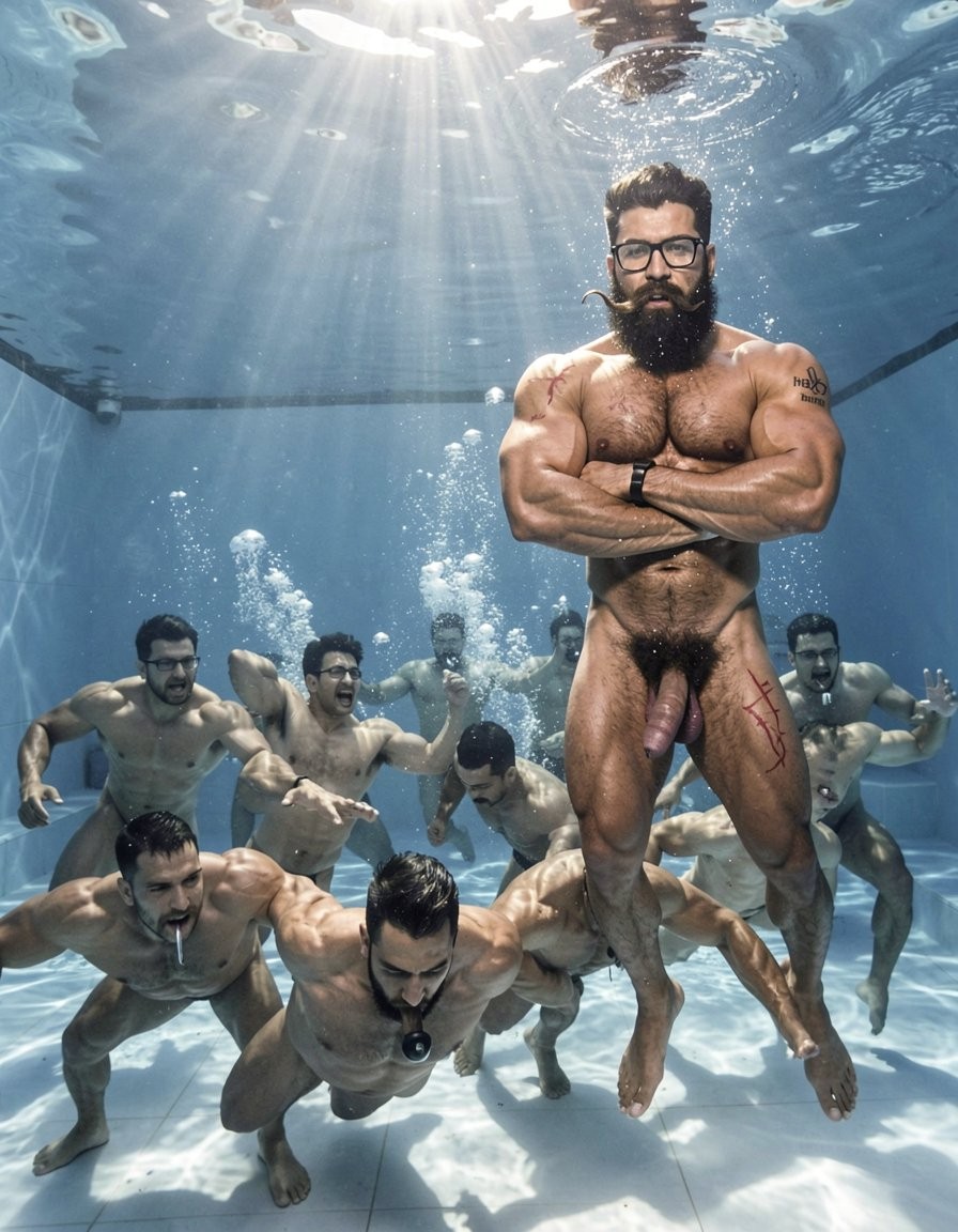 A naked, muscular man with a thick beard floats upright underwater in a pool, with his arms crossed, black goggles, abundant body hair, and his penis visible between his legs; he has reddish marks or scratches on his thigh and tattoos on his arms, while sunlight passes through the surface creating bright rays and bluish reflections. Around him, several naked men swim or pose underwater with intense expressions, some with goggles or accessories, forming a theatrical, physical, and provocative underwater scene, with bubbles, bodies in motion, and an artistic pool photography atmosphere.