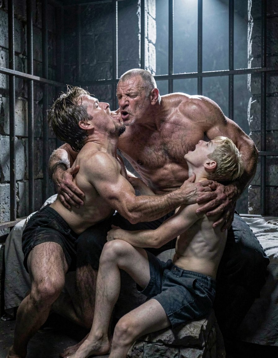 Un hombre maduro de 50 años, con un cuerpo fuerte y musculoso, brazos robustos y velludos, y un pene grande y erecto, está en una celda oscura y sombría, con paredes de piedra y barrotes de metal. Está desnudo, mostrando su cuerpo velludo y musculoso, y está follando a un joven de 22 años, rubio y muy delgado, que está de rodillas en el suelo, con la cabeza hacia atrás y la boca abierta en un grito de placer.

El joven rubio tiene el cuerpo delgado y pálido, con una fina capa de vello en el pecho y el abdomen, y su pene es pequeño y flácido. Está siendo penetrado por el hombre maduro, que lo está follando con fuerza y pasión, con movimientos rápidos y profundas embestidas. La celda está iluminada solo por una débil luz que se filtra a través de los barrotes, lo que crea sombras oscuras y profundas en el rostro y el cuerpo de los dos hombres.

En otra postura, el joven rubio está de espaldas al hombre maduro, que lo está follando desde atrás, con las manos en las caderas del joven y el pene profundamente introducido en su ano. El joven rubio tiene la cabeza hacia adelante, con la boca abierta y los ojos cerrados, y está jadeando con fuerza, mientras que el hombre maduro está gruñendo y jadeando detrás de él, con el cuerpo tenso y los músculos contruidos.

En otra variación, el hombre maduro está sentado en una cama de la celda, con el joven rubio sentado en su regazo, enfrentándolo, y siendo follado con movimientos lentos y profundos. El joven rubio tiene las piernas alrededor de la cintura del hombre maduro, y los brazos alrededor de su cuello, y está besando su pecho y su barbilla, mientras que el hombre maduro está acariciando su espalda y sus nalgas, y está jadeando con fuerza, con el pene profundamente introducido en el ano del joven.

La celda está llena de sonidos de jadeos y gemidos, y el aire está lleno de olor a sudor y a sexo, mientras que los dos hombres están completamente absortos en su pasión y su deseo, sin importarles nada más que el placer y la satisfacción de su lujuria.
