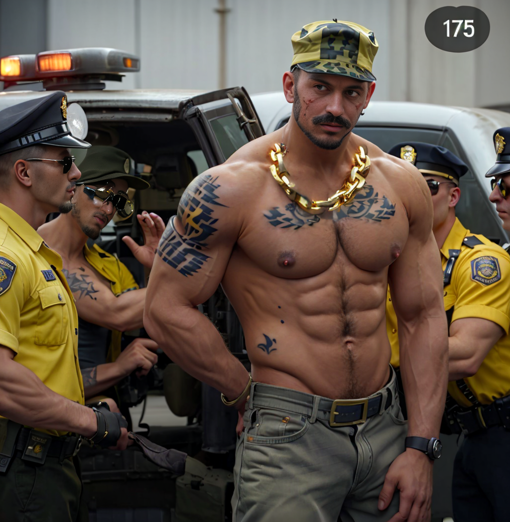 Capo de un cartel, moreno, musculoso, lleno de tatuajes y cadenas de oro con gorra de camuflaje es detenido y conducido a comisaría por varios policías