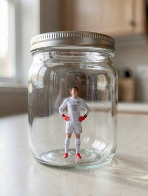 A transparent glass jar with a silver metal lid is placed on a kitchen countertop, trapping inside it a small soccer player figure wearing a white uniform, white socks, and red boots. The miniature appears standing in the center of the jar, with hands on hips and red gloves, like a goalkeeper posing with a firm attitude under the natural light coming through a nearby window. The glass of the jar reflects the surroundings and slightly distorts the figure, while the blurred background shows light wood kitchen furniture, creating a curious and surreal scene with the feel of a model, sports collection, and domestic photography.
