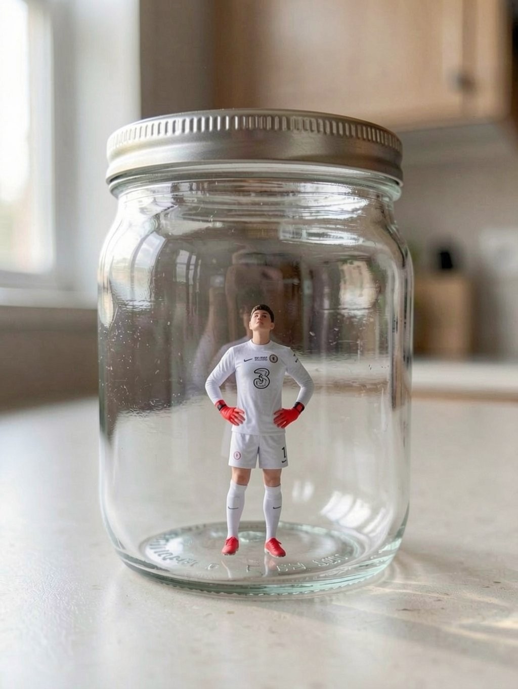 Un tarro de cristal transparente con tapa metálica plateada está colocado sobre una encimera de cocina, atrapando en su interior una pequeña figura de futbolista con uniforme blanco, calcetines blancos y botas rojas. La miniatura aparece de pie en el centro del frasco, con las manos en la cintura y guantes rojos, como un portero posando con actitud firme bajo la luz natural que entra por una ventana cercana. El vidrio del bote refleja el entorno y distorsiona ligeramente la figura, mientras el fondo desenfocado muestra muebles de cocina de madera clara, creando una escena curiosa y surrealista con aire de maqueta, colección deportiva y fotografía doméstica.