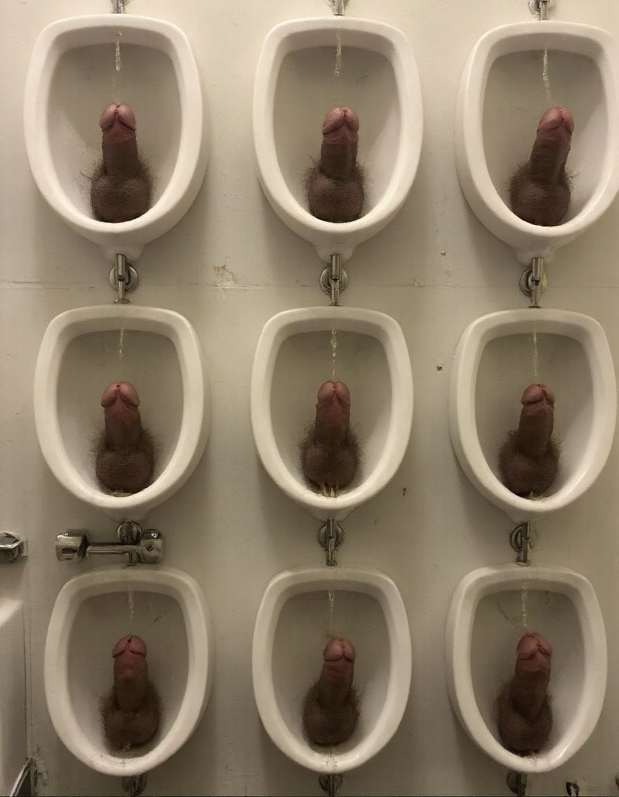 Dildos. Imagen surrealista, alguien ha colocado varios consoladores (dildos) de color carne y muy perfectos en un urinario público, un chico hetero los mira 
con sorpresa.  
