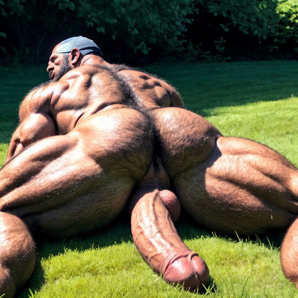 Dos hombres sin ropa, 35 y 40 años, acostados en la posición sexual del camasutra 69, polla grande y erecta, músculos definidos, vello abundante, esfínter del ano iluminado, acostados en césped, cuerpos musculosos, piel bronceada, escena intensa, con sudor y pasión. Huevos grandes y peludos. De espalda con huevos