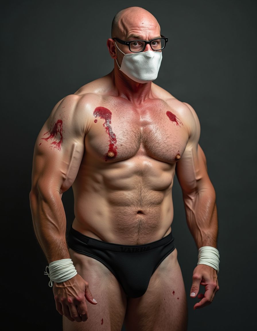 Hombre musculoso de unos 40 años en tanga, es calvo, con gafas, foto de cuerpo entero, sudado, tene varios cortes en torso y brazos, con las manos atadas y ojos bendados