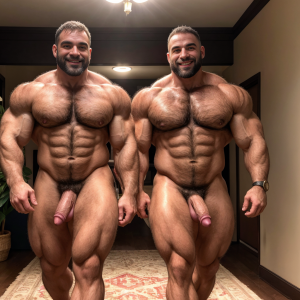 Dos hombres machos musculosos desnudos muy viriles con pene grande y testículos grandes y peludos. Caminando 10 🤗
