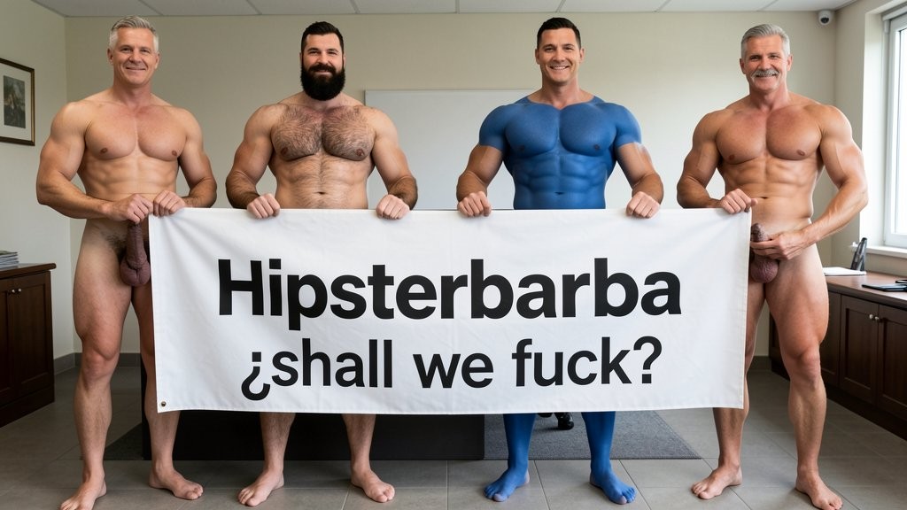 Four naked muscular men holding banner text (Hipsterbarba amor) ultra high quality 8K photorealistic: El Comandante Spanish military leader 45 years short gray hair stern commanding face muscular trained body 185cm 85kg standing far left holding left edge of banner with both hands completely naked massive erect uncircumcised penis 25cm thick veiny shaft visible below banner heavy balls alpha dominant stance, Soldado Bartolo Spanish soldier 35 years thick dark full beard short hair very hairy muscular chest arms legs groin 180cm 80kg standing center-left holding banner completely naked large erect uncircumcised penis 18cm thick visible hairy balls masculine hairy build playful smirk, Superman alien superhero 195cm 100kg perfect bronzed smooth hairless skin short black hair with characteristic curl bright blue eyes massive superhuman muscles standing center-right holding banner completely naked enormous erect penis 23cm steel hard thick shaft visible smooth heavy balls god-like physique confident smile, General Rodolfo Castaños 60 years short gray military hair thick gray mustache experienced muscular body 175cm 75kg standing far right holding right edge of banner completely naked thick erect penis 20cm visible mature heavy balls military bearing knowing expression, all four men standing in horizontal row full body visible head to feet holding between them large white fabric banner at chest level with bold black letters spelling Hipsterbarba ¿follamos? question mark clearly readable professional typography banner stretched tight all four erect penises balls completely visible below banner military office background professional studio lighting 8K photorealistic resolution masterpiece quality inviting expressions.