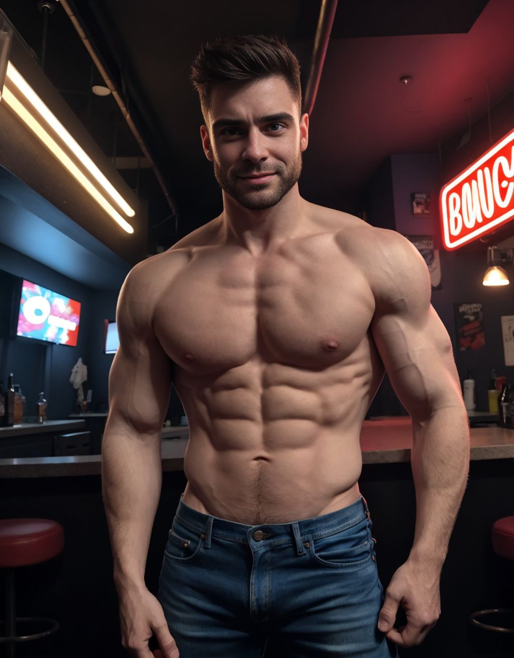Hombre semi desnudo, pene visible, denim BDSM, en un bar gay