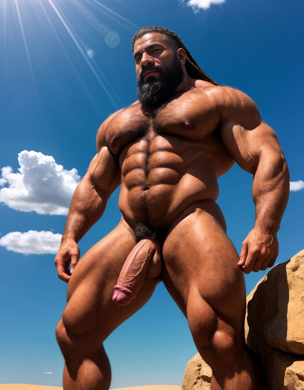 Faraón Ramsés 2 desnudo y viril. Tiene pene grande. Tiene testículos prominentes y velludos. Tiene mucho vello corporal y abundante. Tiene sandalias negras. Tienen barba perfecta. Está flotando en las nubes blancas en el cielo azul.