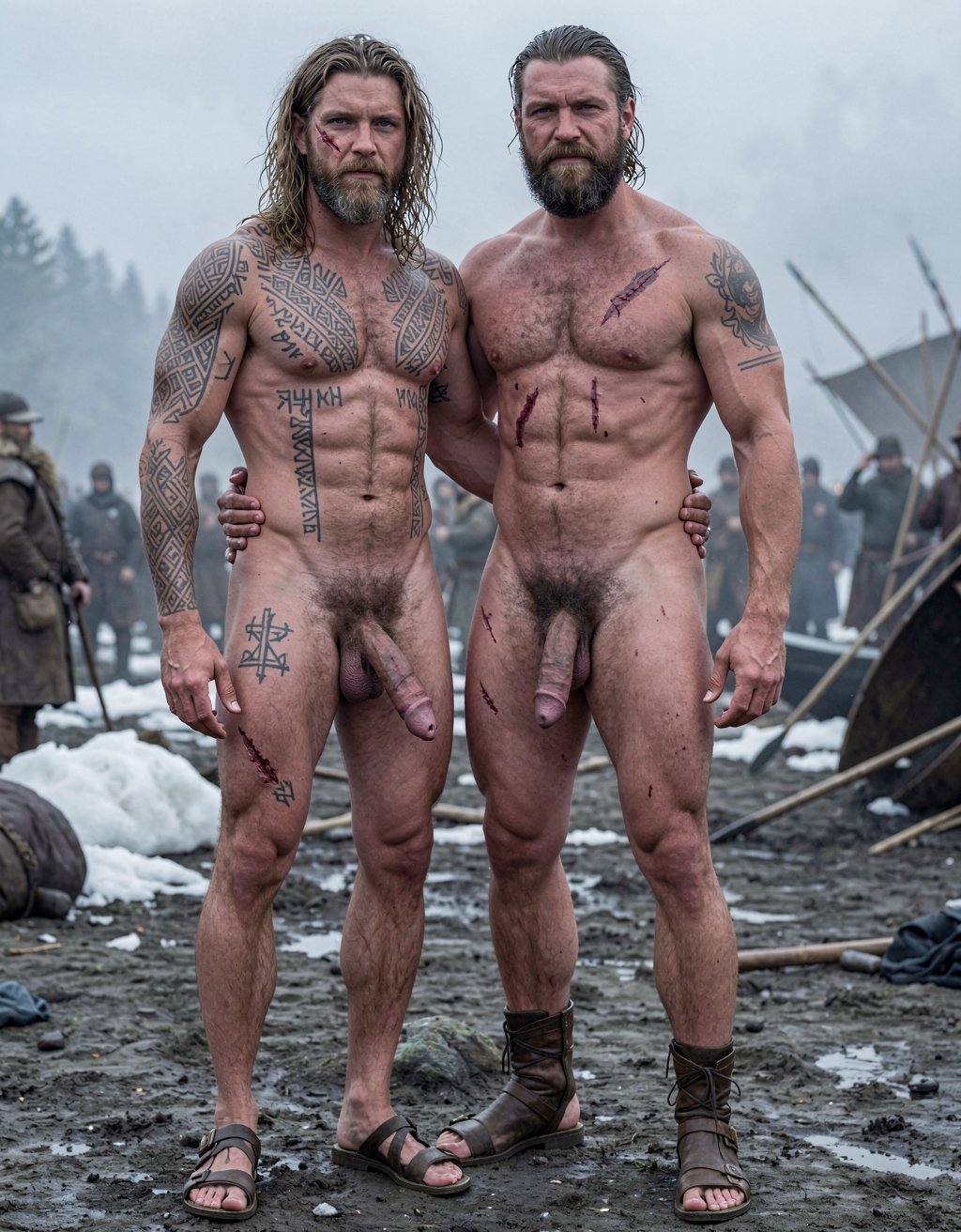 Amleth y Aurvandil.
Amleth (Alexander Skarsgård) está de cuerpo entero desde los pies hasta la cabeza. Es un príncipe vikingo de 29 años de edad que está junto a el rey Aurvandil, de 48 años de edad. 
Amleth (Alexander Skarsgård) se convierte en un berserker implacable. Amleth tiene motivación animal, casi mística. Amleth es un héroe noble; es pura rabia y destino.
Amleth tiene una altura imponente de 194 cm y peso 78 Kg, tiene 7% de grasa corporal,
Amleth tiene un cuerpo fuerte, tatuado, cubierto de cicatrices, pelo largo y sucio.  
Amleth tiene un cuerpo con musculatura densa y trabajada y estilizada, tiene 7% de grasa corporal y parece esculpido al estilo vikingo con pectorales anchos y marcados; tiene un 7% de grasa corporal con abdominales extremadamente definidos y marcados 