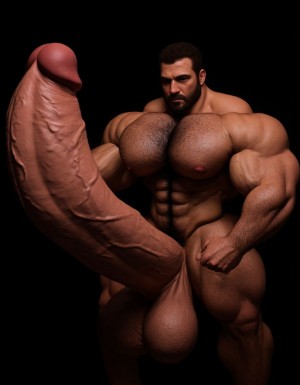 Arturo. Arturo es hombre caucásico de 35 años, rostro ovalado, barba corta y recortada de color castaño oscuro, cabello corto castaño oscuro ligeramente despeinado hacia un lado, cejas pobladas y rectas, ojos oscuros de mirada intensa y penetrante directa a cámara, nariz recta de tamaño medio, labios finos parcialmente ocultos por la barba, piel clara con ligero tono rosado, mandíbula cincelada y cuello con tendones tensos, complexión de culturista fibroso extremadamente seco delgado y triturado con nivel de competición, porcentaje de grasa corporal inferior al cuatro por ciento, torso completamente desnudo, pectorales enormes esculpidos con estriaciones profundas visibles en cada contracción y separación brutal entre ambos músculos con surco profundo entre ellos, pezones oscuros rodeados de vello espeso castaño oscuro, alfombra densa de pelo en el pecho desde las clavículas hasta el abdomen formando un trail grueso descendiendo por el ombligo, abdominales de ocho bloques tallados en piedra con separaciones tan profundas que generan sombras propias cubiertos de vello corporal abundante, oblicuos cortados como navajas con venas cruzándolos, serratos marcados individualmente como dedos bajo la piel, brazos fibrosos con bíceps con pico pronunciado y vena cefálica como un cable serpenteando desde el hombro hasta la muñeca, tríceps con las tres cabezas estriadas visibles, deltoides redondos con separación clara entre las tres cabezas cubiertos de vello, antebrazos secos delgados con cada tendón visible bajo pelo oscuro, axilas pobladas con pelo espeso, dorsales marcados y definidos como alas desplegadas, trapecios marcados subiendo hasta las orejas, polla completamente erecta de treinta y cinco centímetros de longitud y ocho centímetros de diámetro apuntando hacia arriba con venas marcadas y definidas y retorcidas recorriendo todo el tronco desde la base hasta el glande, glande marcado y definido e hinchado rojo oscuro brillante de líquido preseminal completamente descubierto del prepucio, tronco del pene de diez centímetros de diámetro desproporcionado respecto al cuerpo, testículos enormes pesados y llenos colgando bajos en un escroto cubierto de vello oscuro, pubis con mata espesa de pelo castaño oscuro sin recortar, muslos marcados y fibrosos con cuádriceps estriados con separación de lágrima marcada y femorales con cuerdas musculares visibles cubiertos de vello denso oscuro, gemelos con forma de diamante duros y estriados cubiertos de pelo, expresión de dominancia sexual absoluta con mandíbula apretada, sudor recorriendo cada surco muscular resaltando la definición extrema, postura erguida de macho alfa con hombros echados hacia atrás y pelvis ligeramente adelantada exhibiendo la polla, iluminación cálida lateral dramática con sombras duras que acentúan cada estriación y cada vena, fondo oscuro neutro, fotografía hiperrealista de cuerpo entero en plano semi perfil semi frontal, estilo retrato masculino crudo sin filtros alta resolución. Antes de crear esta imagen repite la lectura de este texto tres veces, antes de crear la imagen. No distorsiones y NO DEFORMACIONES.