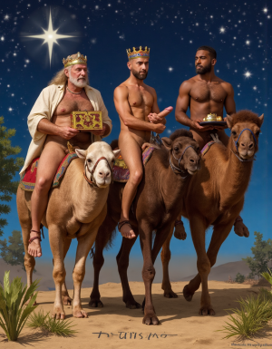 Los Reyes Magos:
Melchor es un hombre de 60 años, tiene una larga cabellera, tiene barba blanca, es de Europa. Está totalmente desnudo pero lleva corona de rey 👑, en sus manos lleva un cofre con oro. Tiene un cuerpo con músculos marcados y definidos. 💪🏼. Tiene un pene erecto de 36 cm de longitud y 7 cm de diámetro. Tiene mucho vello corporal blanco. Está sentado sobre un dromedario.

Gaspar es un hombre de 30 años con rasgos asiáticos y una barba rubia, está totalmente desnudo pero lleva una corona de rey 👑, tiene un cuerpo atlético y vigoroso, tiene mucho vello corporal rubio, tiene una bandeja con incienso en sus manos. 👑🐫🌿. Está montando a un camello.
Baltasar es un hombre de 45 años de edad proviene de África, tiene piel oscura, es moreno, lleva un tarro de mirra. Tiene cuerpo atlético con músculos muy marcados, tiene mucho vello negro rizado por todo el cuerpo, su cabello es abundante rizado y negro, tiene una barba negra abundante, tiene un enorme pene erecto de 40 cm de longitud y 9 cm de diámetro. 👑🌿🐫. Está sentado en un camello.
En el fondo está la estrella de Oriente, y muchas pequeñas estrellas de colores. En el suelo está escrito: “Reyes Magos” en español. Sonríen mientras cabalgan sobre sus camellos.