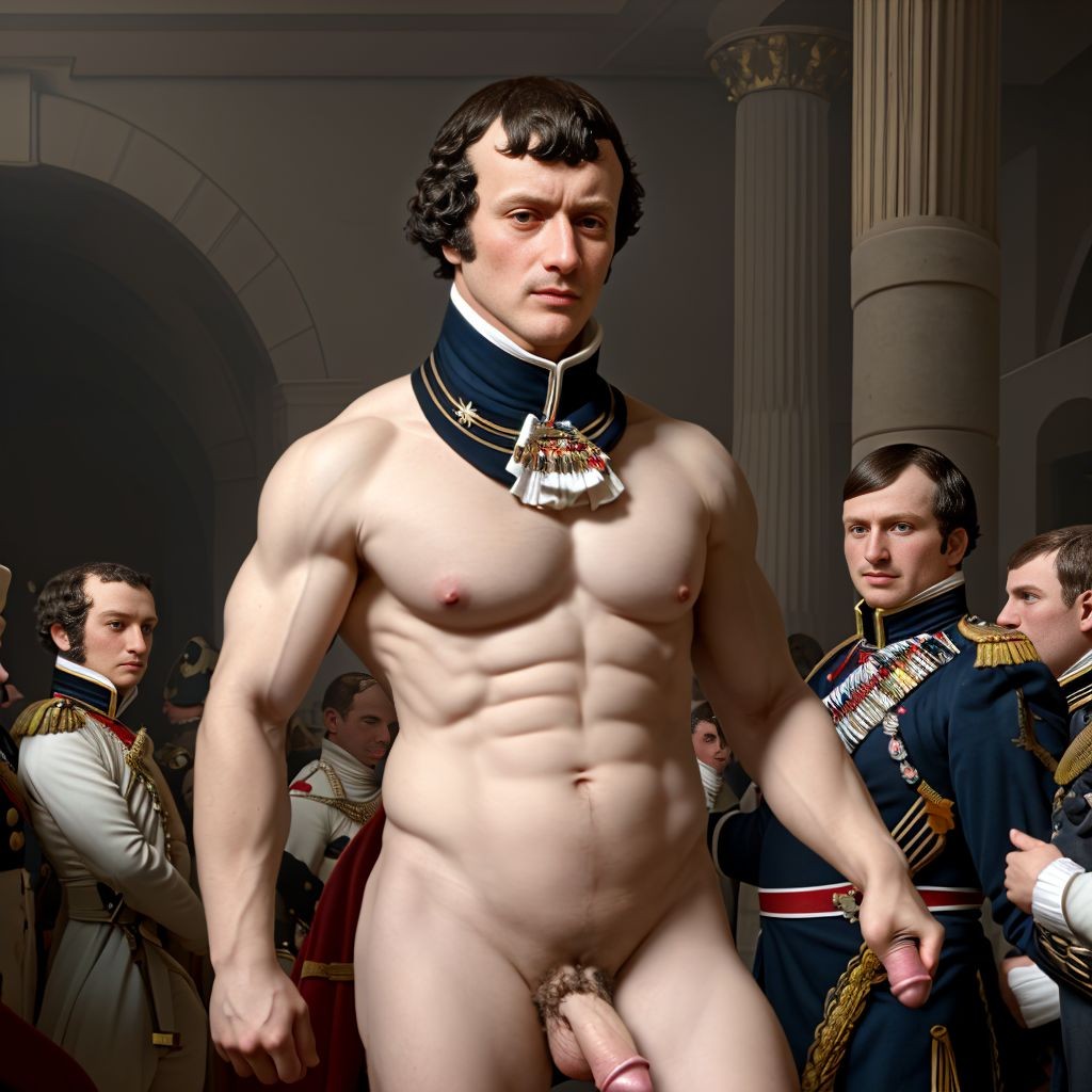 Napoleón Bonaparte totalmente desnudo. Tiene ((mucho vello en pectorales y brazos)). Está de pie. Está totalmente desnudo musculoso. Se ve todo su cuerpo entero con vello. Se ve su cuerpo completo y con vello. ((Tiene pene grande erecto)). ((Tiene los testículos grandes)). Tiene mucho vello en el cuerpo. Foto muy realista texturas 8k. Está rodeado soldados del Ejército Imperial Francés napoleónicos del año 1820 y cañones de la