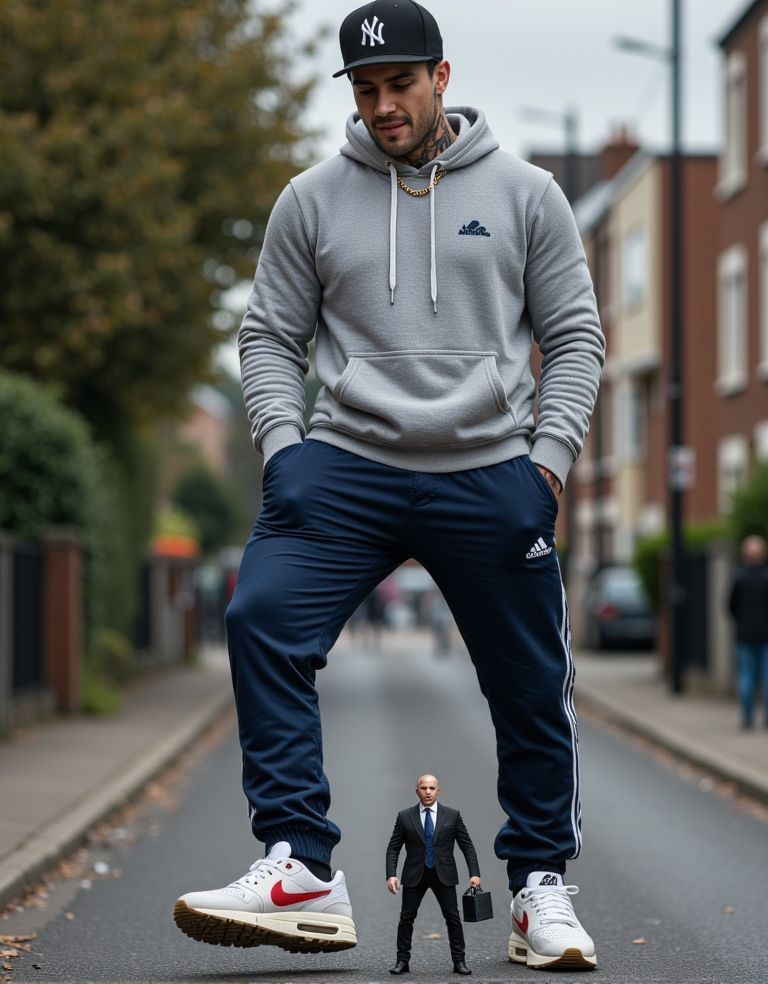 Un hombre gigantesco con ropa deportiva urbana domina una calle residencial, de pie con las piernas abiertas sobre el asfalto mientras mira hacia abajo con gesto serio. Lleva una sudadera gris con capucha, pantalones de chándal azul marino Adidas, zapatillas blancas Nike con detalle rojo y una gorra negra de los Yankees, además de una cadena dorada visible en el cuello. Entre sus pies aparece un hombre diminuto vestido con traje negro, camisa blanca y corbata azul, sosteniendo un maletín, lo que crea una escena surrealista de contraste extremo de escala. El fondo desenfocado muestra casas, aceras, árboles, farolas y una carretera tranquila, reforzando el efecto de fotomontaje urbano y perspectiva exagerada.