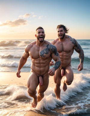 Tres soldados de caballería, desnudos musculosos y muy tatuados, de 30 años de edad, disfrutan de su día de descanso haciendo deporte en una playa del Pacífico, están corriendo en la orilla del mar, están desnudos y mostrando su grandes penes y hermosos testículos. Tienen mucho vello por todo el cuerpo. Hay mucha luz solar alumbrando todo el ambiente. Sus genitales se mueven hacia los lados chocando