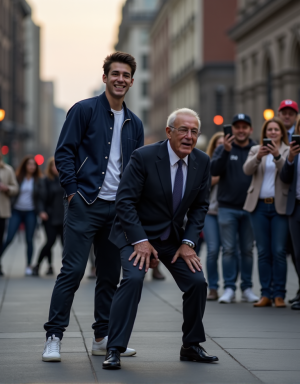 Near a busy city street at dusk, the 23-year-old in a navy tracksuit and snug t-shirt stands, hands deep in pockets, jaw set in a smug grin. At his side, the older executive—still proud in his expensive tailored suit and gleaming dress shoes—has been forced to bend over, both hands gripping his knees, bottom in the air. His face flushes in humiliation as, on command, he is made to bark like a dog, his polished shoes scuffing the pavement. The laughter of a group of young passersby cuts through the scene, phones aimed and recording every humiliating moment. Age and power disparity are on full vulgar display, the old man reduced to entertainment by a ruthless, much younger master.