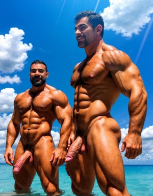 Dos hombres jóvenes musculosos y fibrosos, desnudos, con penes grandes, flotando entre nubes blancas. Tienen vello abundante en el pecho. Tienen testículos grandes. Cuerpos fuertes y viriles. Tienen una edad de 40 años. Están de espalda.