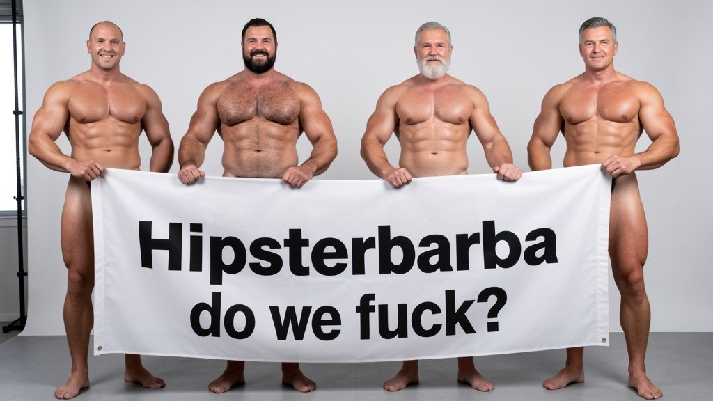 Four naked muscular men holding banner text (Hipsterbarba amor) ultra high quality 8K photorealistic: El Comandante Spanish military leader 45 years short gray hair stern commanding face muscular trained body 185cm 85kg standing far left holding left edge of banner with both hands completely naked massive erect uncircumcised penis 25cm thick veiny shaft visible below banner heavy balls alpha dominant stance, Soldado Bartolo Spanish soldier 35 years thick dark full beard short hair very hairy muscular chest arms legs groin 180cm 80kg standing center-left holding banner completely naked large erect uncircumcised penis 18cm thick visible hairy balls masculine hairy build playful smirk, Superman alien superhero 195cm 100kg perfect bronzed smooth hairless skin short black hair with characteristic curl bright blue eyes massive superhuman muscles standing center-right holding banner completely naked enormous erect penis 23cm steel hard thick shaft visible smooth heavy balls god-like physique confident smile, General Rodolfo Castaños 60 years short gray military hair thick gray mustache experienced muscular body 175cm 75kg standing far right holding right edge of banner completely naked thick erect penis 20cm visible mature heavy balls military bearing knowing expression, all four men standing in horizontal row full body visible head to feet holding between them large white fabric banner at chest level with bold black letters spelling Hipsterbarba ¿follamos? question mark clearly readable professional typography banner stretched tight all four erect penises balls completely visible below banner military office background professional studio lighting 8K photorealistic resolution masterpiece quality inviting expressions.