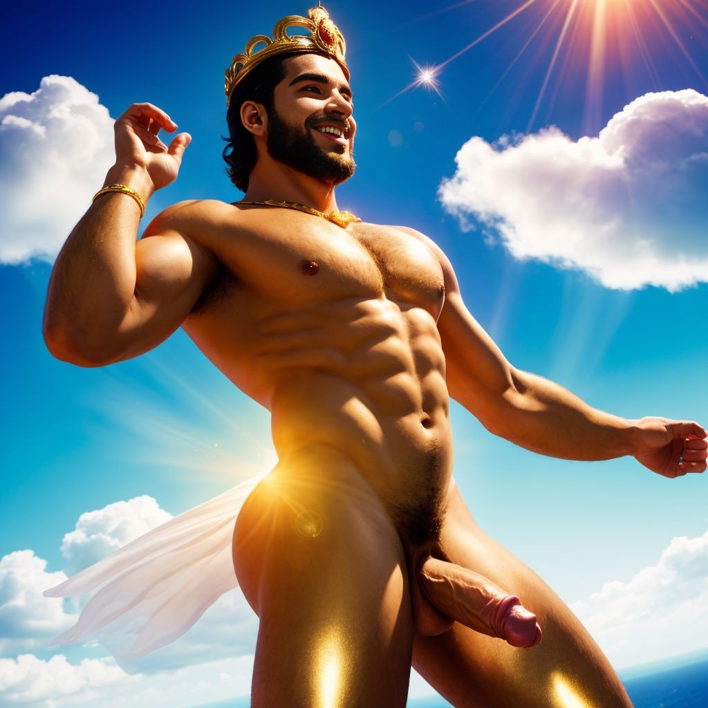 Hombre griego desnudo, 2 metros, sonriente, corona de oro y diamantes, pene grande, testículos peludos y visibles, ano expuesto, mira hacia atrás con ojos brillantes, luz dorada resaltando su anatomía perfecta. Está volando entre nubes blancas con alegría.