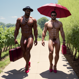 Dos hombres machos musculosos desnudos muy viriles con pene grande y testículos grandes y peludos. Caminando 10 ⛓️⛓️ 🍇 🍒 🌞 👠👠 👜💼 🧢🌂👓