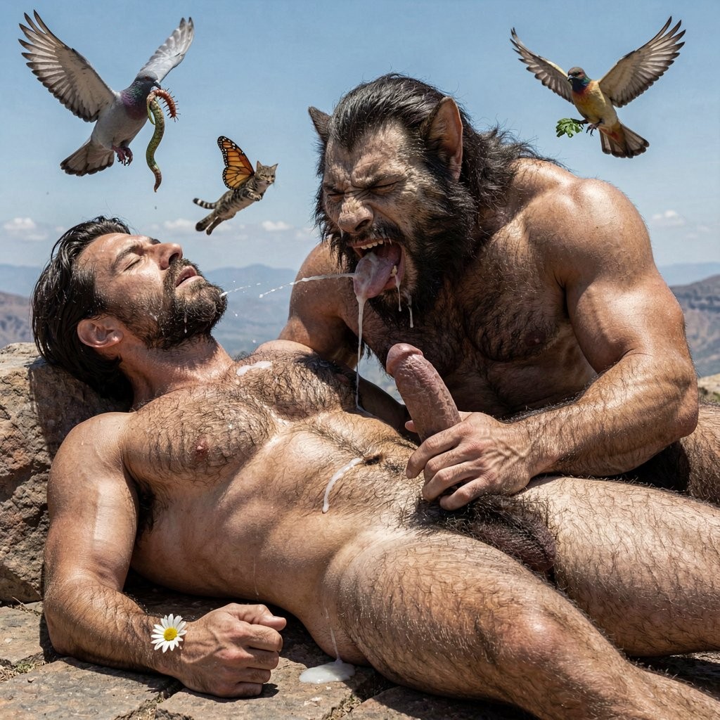 **

Under the brutal midday sun on the rocky summit of Cerro La Cantera, San Pablo Huitzo, Oaxaca, in the year 600 d.C., Mike Morris lies completely naked and deeply asleep on his back across the scorching stone ground. His ultra-muscular physique with virtually zero body fat is covered in dense dark brown body hair across his powerful chest, thick abdominals, shoulders, arms and legs. His extremely thick wild black pubic bush contrasts sharply with the lighter skin of his heavy balls and thick erect penis. A single white daisy with a bright yellow center rests gently between the toes of his right foot. In the background, a gray pigeon flies away carrying a centipede in its beak, a tabby cat runs off with a green and brown snake dangling from its mouth, a small brightly colored tropical bird flees toward the horizon, and a delicate monarch butterfly hovers just above Mike’s sleeping face. Pressed tightly against Mike’s right hip lies the massive Hombrelobo, now almost fully transformed into an extremely muscular and very hairy man. His rugged human face has a square jaw, short dark beard, intense amber eyes and slightly pointed ears. His hyper-muscular body, even larger than Mike’s, is covered in dense dark fur over enormous striated pectorals, thick veined arms, deeply carved abs and massive tree-trunk thighs. Driven by intense hunger, the Hombrelobo leans his head even closer, opens his broad mouth wider and slowly engulfs the swollen, throbbing glande of Mike’s thick erect penis completely inside his warm, wet mouth. He seals his lips tightly around the base of the glande, creating a perfect vacuum, and begins to suckle with strong, rhythmic nursing motions. His rough tongue swirls relentlessly around the sensitive head and slit while thick jets of liquid white semen continue to pulse powerfully straight into his throat. The Hombrelobo swallows every heavy spurt with visible throat contractions, gulping down load after load to feed his deep hunger, his amber eyes half-closed in satisfaction as he refuses to waste even a single drop. One of his large furry hands firmly cups and massages Mike’s heavy balls, milking more semen upward, while the other hand scoops any remaining cum that has dripped down the shaft or over the balls and brings it directly to his mouth. Mike remains completely unconscious with his mouth slightly open, his muscular hairy body relaxed and glistening with sweat under the harsh sun, totally unaware that the extremely hairy, hyper-muscular Hombrelobo has the entire glande of his cock deep inside his mouth and is greedily swallowing everything his penis produces. The intense midday sunlight creates razor-sharp highlights on the dense wet fur of the man-wolf, the glistening saliva and fresh white semen coating Mike’s glande, the matted dark body hair on both men, the white daisy petals and the butterfly wings, while casting deep dramatic shadows that accentuate every striated muscle, the sealed lips around the glande, visible throat movements and the raw, desperate feeding scene. Hyperrealistic, photorealistic, museum-quality, flawless anatomy with zero deformation, perfect full-body composition from the feet with the daisy all the way to Mike’s sleeping open mouth, cinematic natural lighting with extreme contrast and intricate detail on the Hombrelobo’s mouth fully engulfing the glande, swallowing motions, thick semen texture, saliva and overwhelming hunger visible on his face.
