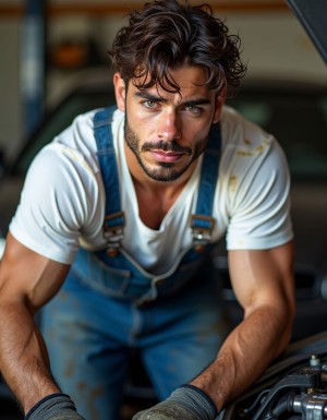 Un joven mecánico moreno de unos 25 años, con ojos claros y una constitución física atlética, se encuentra en un taller de coches, vestido con un mono azul desgastado en la parte inferior y una camiseta blanca ceñida que resalta su torso musculoso. El mono y la camiseta están manchados de grasa y aceite, y gotas de sudor perlan su frente y pecho, evidenciando el esfuerzo físico que ha realizado a lo largo del día. La camiseta se adhiere a su piel sudorosa, destacando su pecho y abdomen definidos, mientras que el mono azul, aunque desgastado, sigue ajustándose a sus muslos y piernas tonificados. Con una expresión de concentración, el joven mecánico se inclina sobre un motor, sus manos habilidosas y cubiertas de grasa trabajan con precisión, mientras su cabello moreno y despeinado cae sobre su frente, añadiendo un toque de desorden a su apariencia general de hombre trabajador y apasionado por su oficio. La luz del taller resalta cada detalle de su figura, desde la textura de su cabello hasta las gotas de sudor que resbalan por su piel, creando una imagen vibrante y llena de vida.