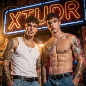 Dos hombres jóvenes posan con actitud seria frente a un letrero de neón naranja y azul sobre una pared de ladrillo, en un ambiente de bar, club nocturno o estudio urbano. El de la izquierda lleva camiseta blanca de tirantes, vaqueros con cinturón negro, colgante con cruz y varios tatuajes visibles en brazos y hombros. El de la derecha aparece sin camiseta, mostrando torso musculado y abdominales marcados, con vaqueros, cinturón negro, collar y tatuajes grandes en el pecho, los hombros y los brazos. La iluminación cálida y el fondo de neón crean una estética masculina, moderna y provocadora.